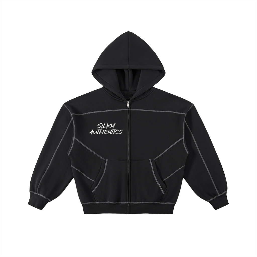 Contrast-Stitched Boxy Fleece Zip Hoodie